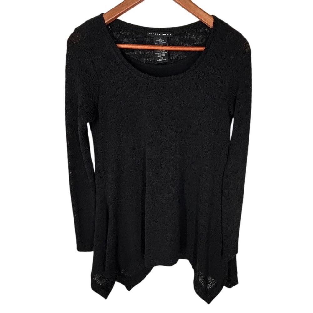 Grace Elements Black Double Layer Sweater/Tank Top Arch Hem Women's Size Small‎